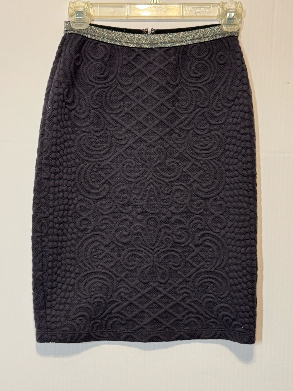 Moulinette Soeurs Anthropologie Textured Jacquard Pencil Skirt Black Silver Band